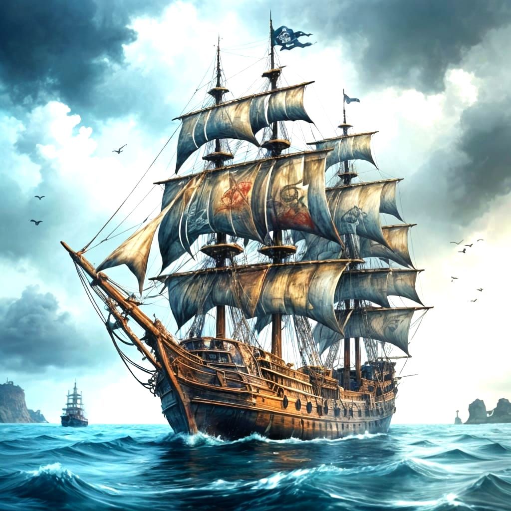 Pirate Ship on Open Seas in Watercolour Style