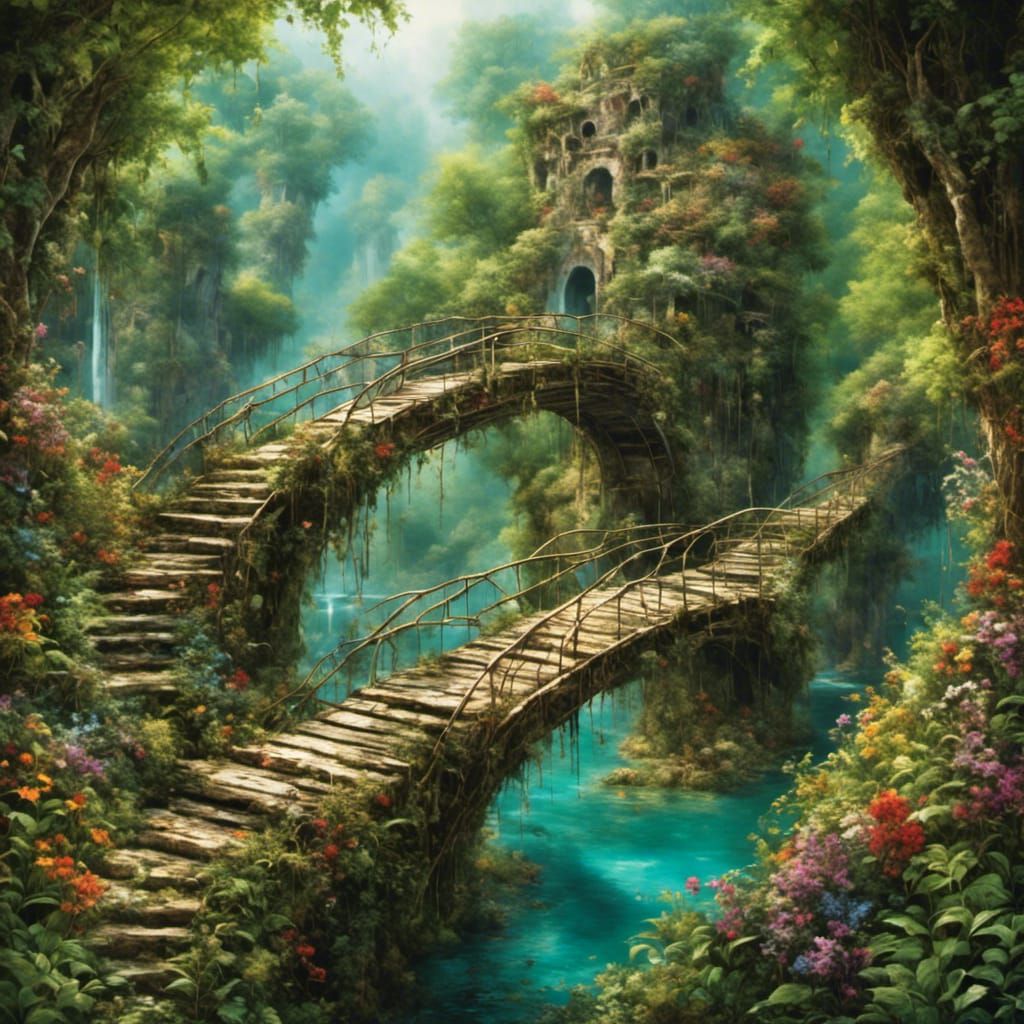 Magical Bridge Across Lush Nature in Graffiti Style