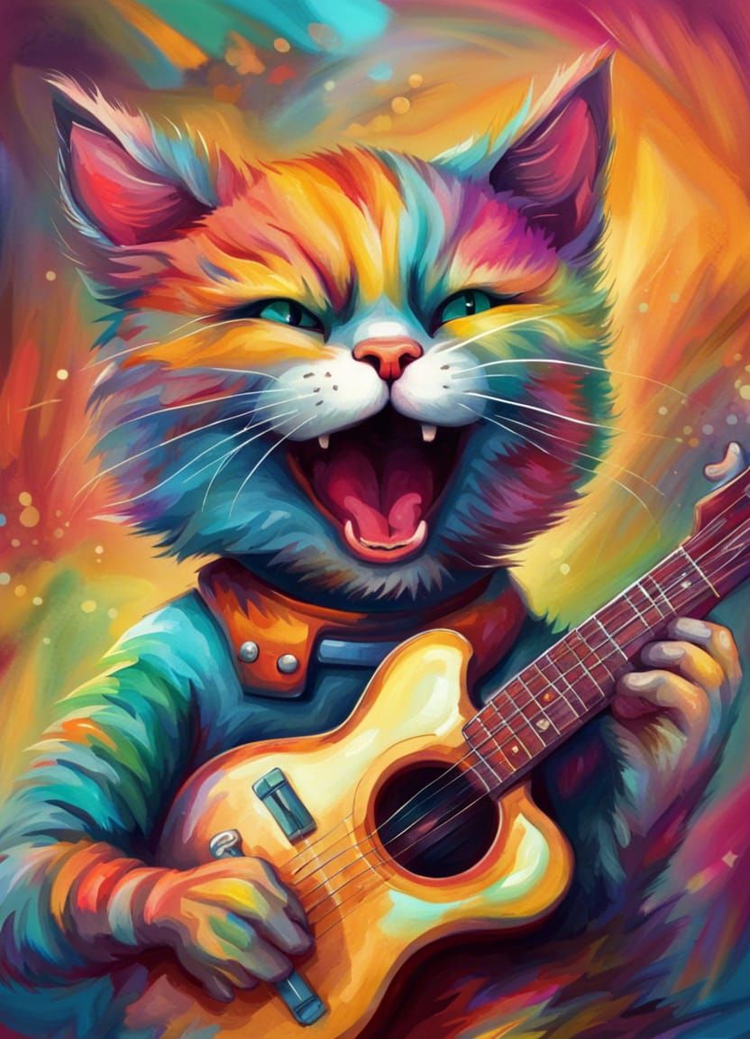 Cheerful Cat Plays Guitar in Colorful Fantasy Art