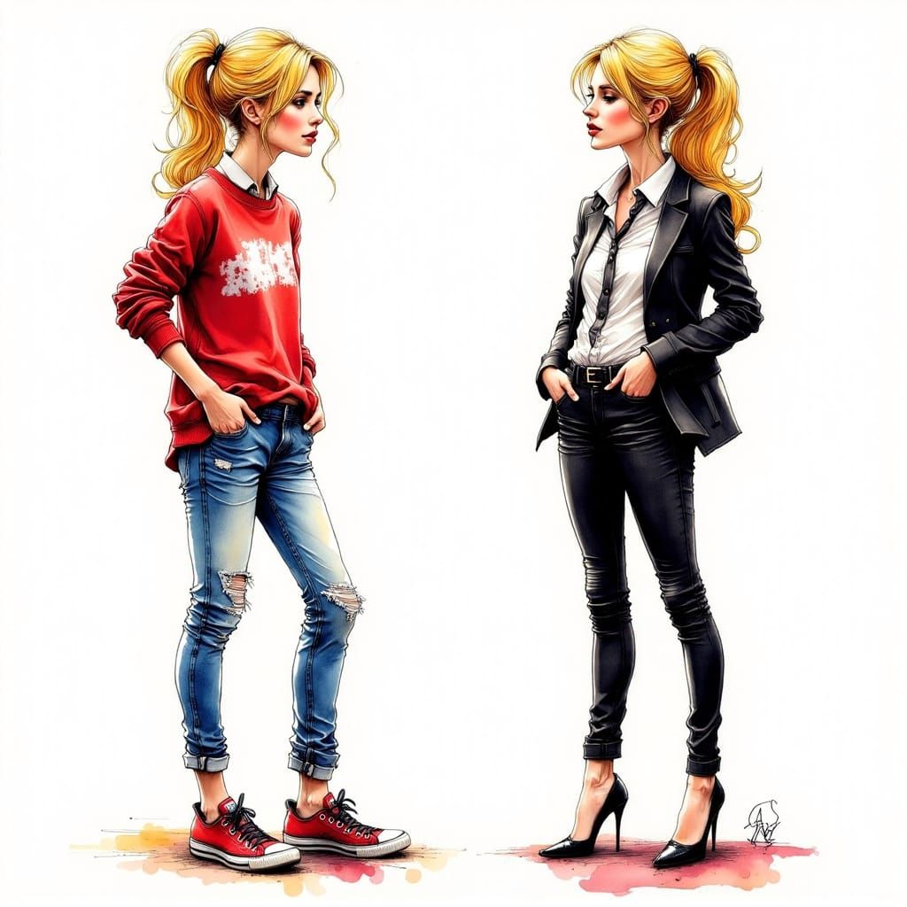 Contrasting Portraits: Woman in Ink Art Style