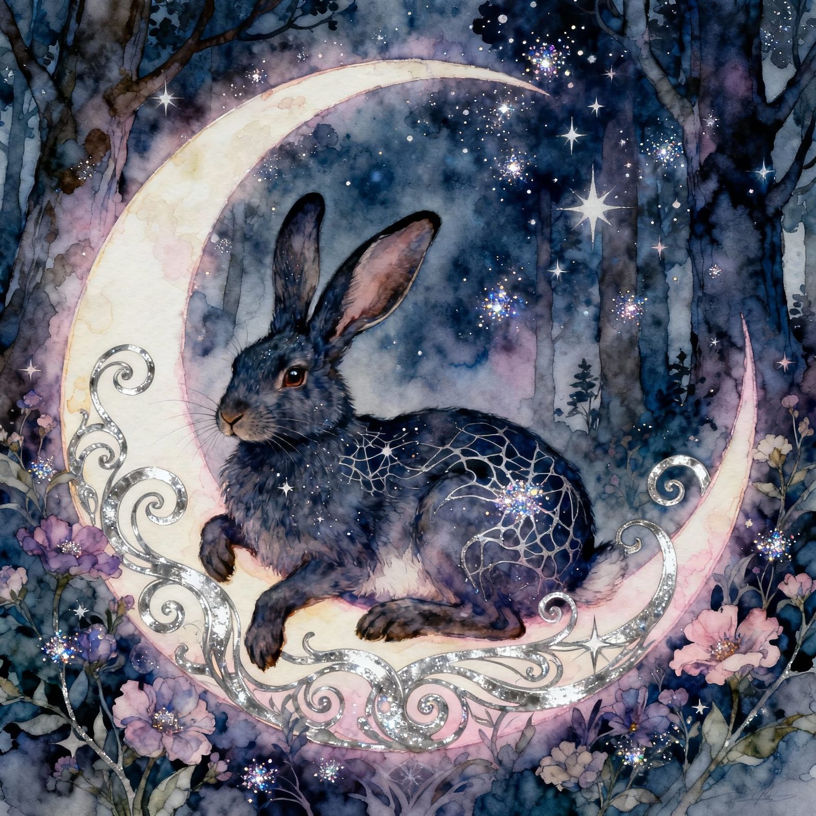 Mystical Hare Rests in Moonlit Forest Clearing
