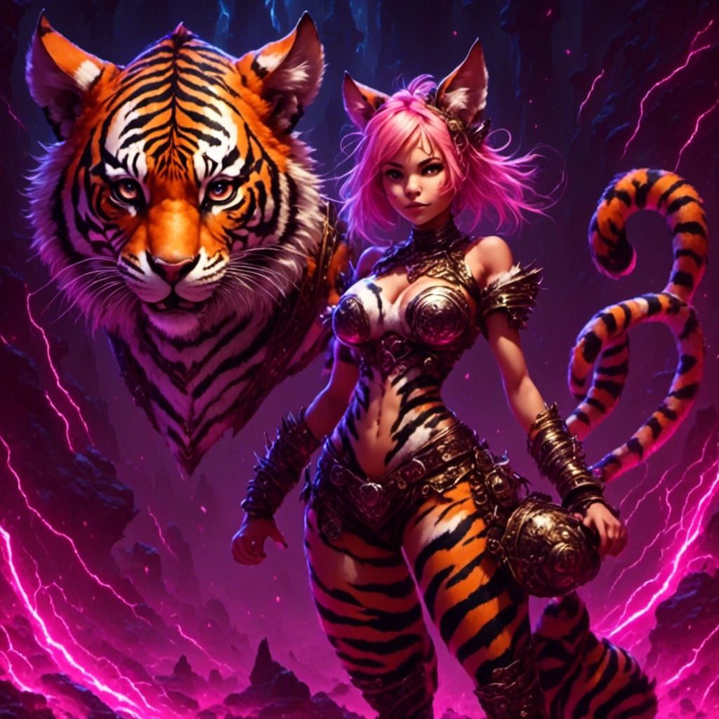 Tiger Striped Catgirl with Spiky Hair