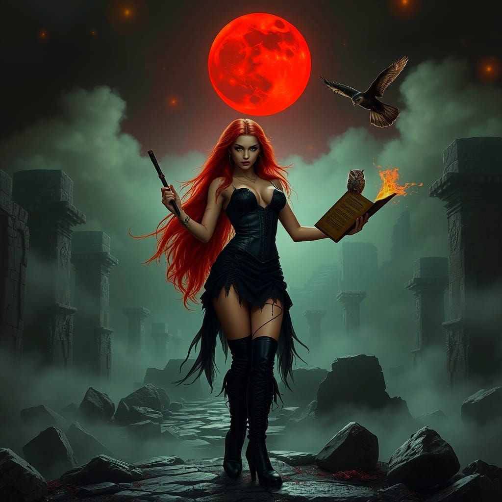 Goth Sorceress Casting Spell in Ancient Ruins