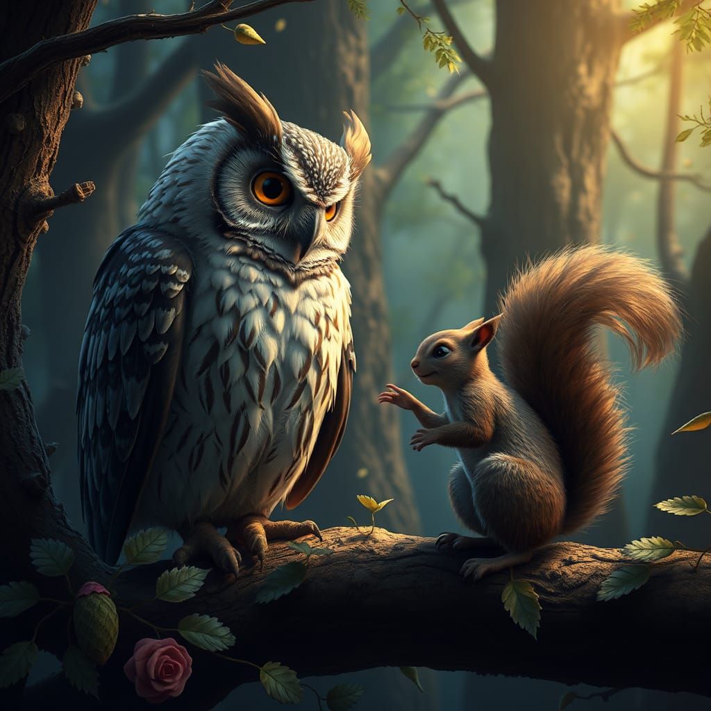 Owl and Squirrel Conversation, Fantasy Concept Art