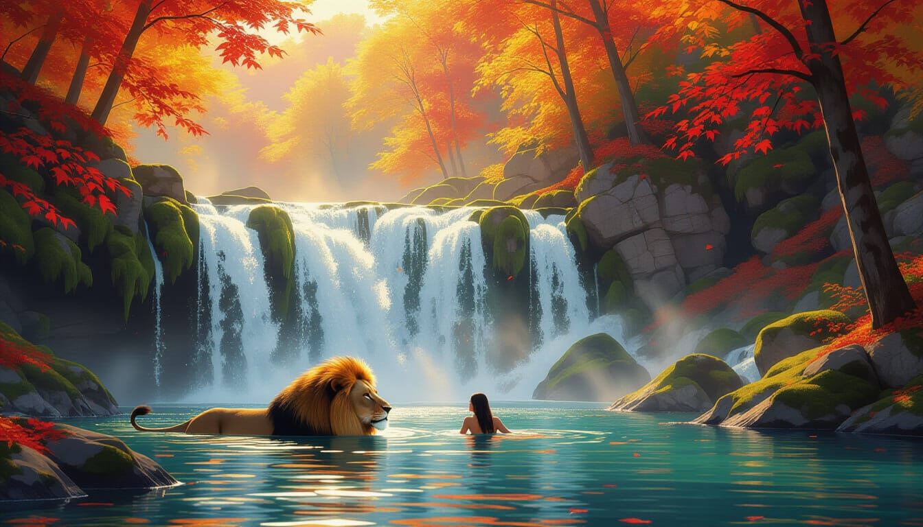 Majestic Autumn Waterfall with Woman and Lion