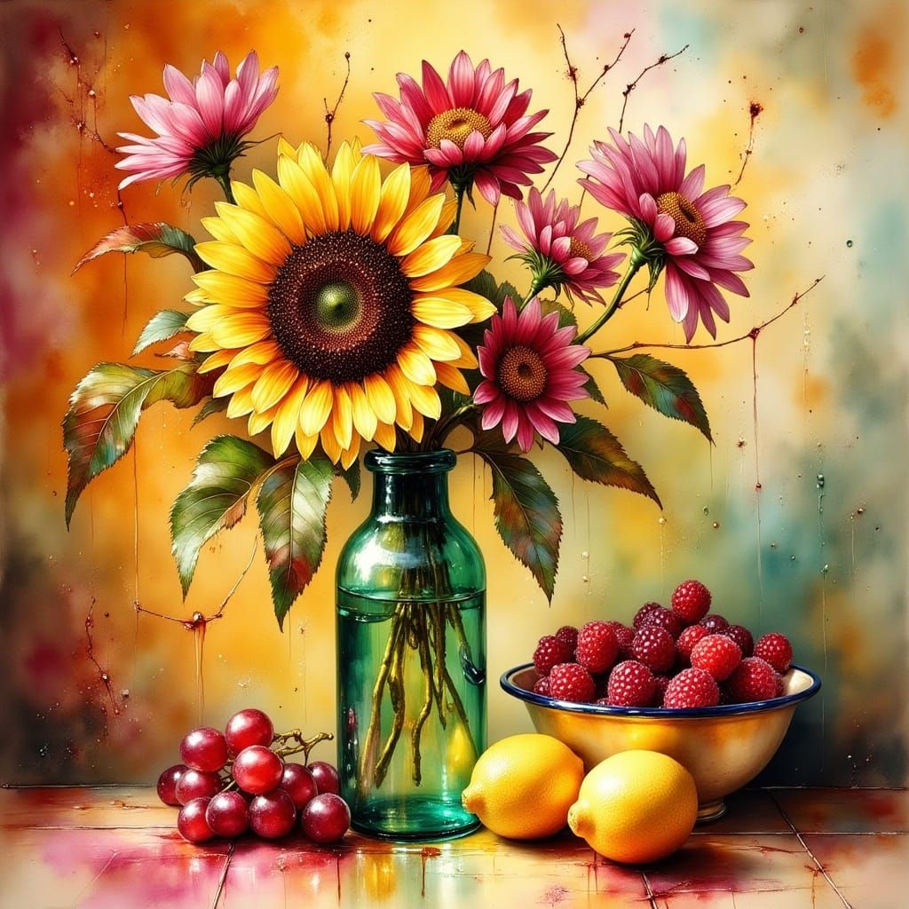 Sunflowers and Zinnias Still Life, in Ink Wash Style