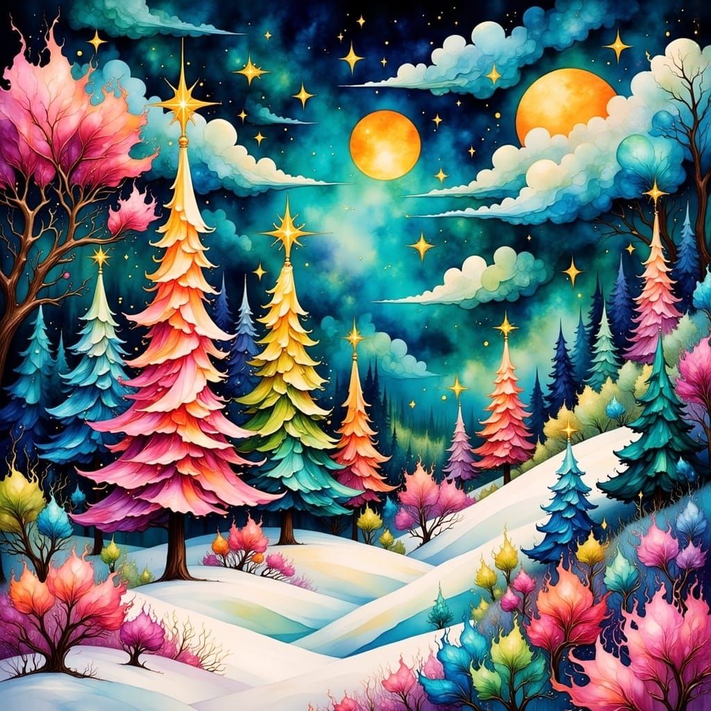 Enchanted Winter Wonderland in Vibrant, Graphic Hues