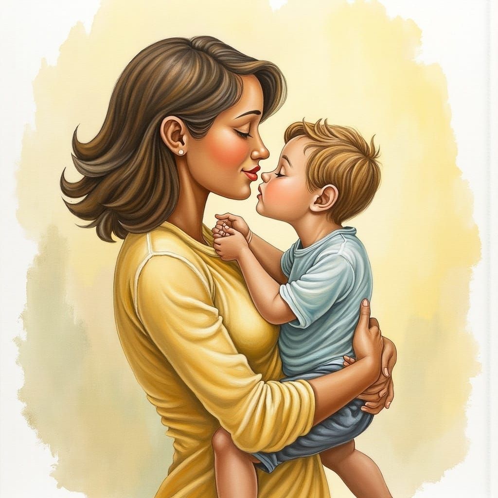 Compassionate Woman Cradling Child in Watercolor Style