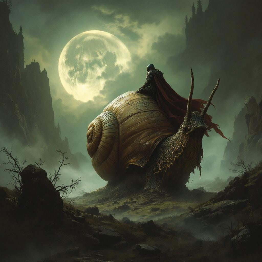 Dark Knight Rides Snail in Rembrandt Style