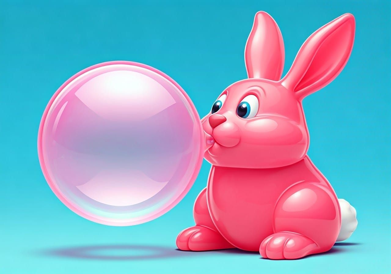 Pastel Rabbit Blows Iridescent Bubble Gum Masterpiece
