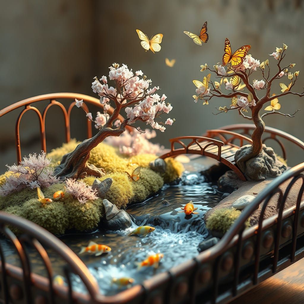 Miniature Bonsai Garden in Rustic, Surreal Landscape