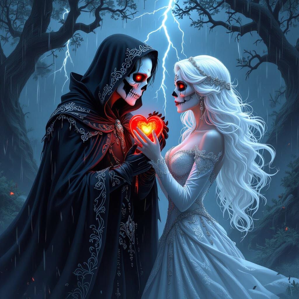 Ethereal Fantasy: Skull Couple in Stormy Night