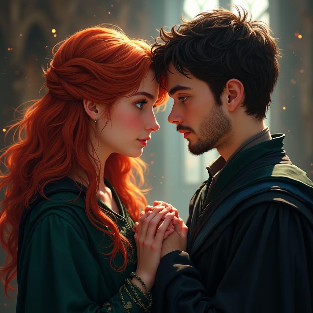 Romantic Slytherin and Ravenclaw Couple in Hyperrealistic Ar...