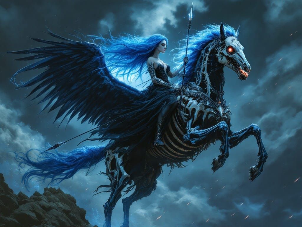 Gothic Valkyrie Rides Skeletal Pegasus in Art Nouveau Style