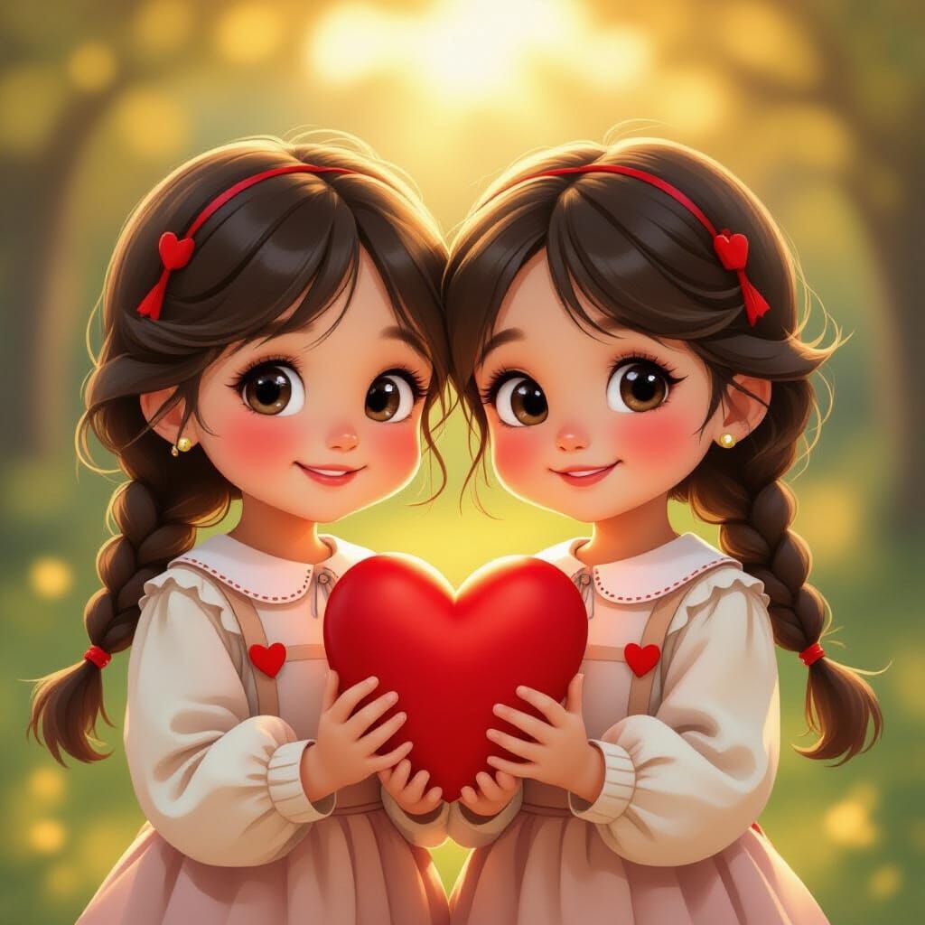 Twin Girls Holding Red Heart in Golden Hour Light