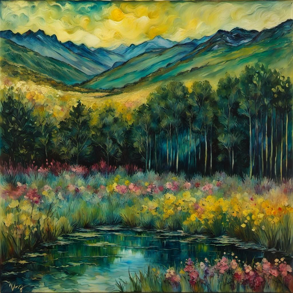 Encaustic Impressionist Landscape with Alcohol Ink