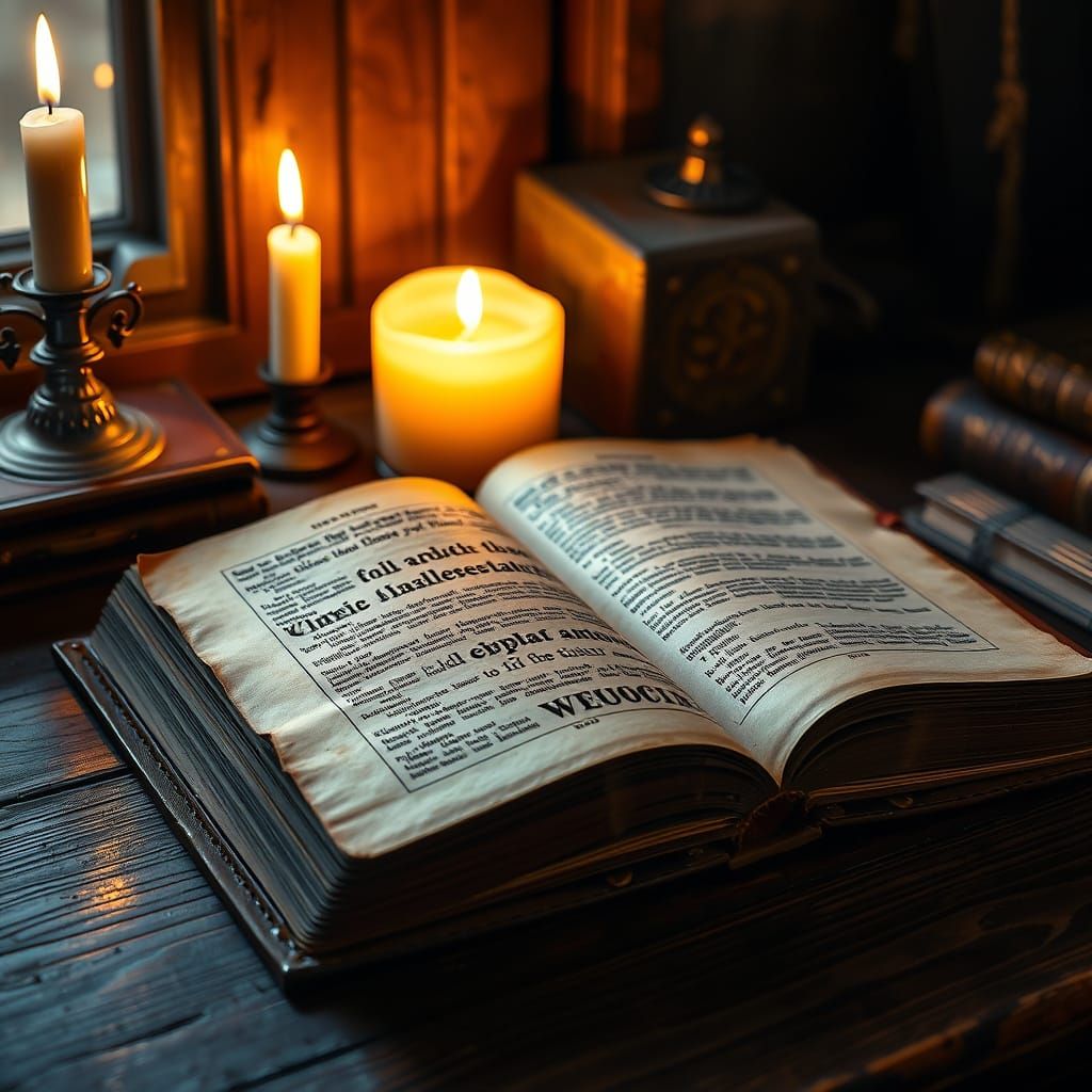 Vintage Book with Candlelight in Retro-Futuristic Style