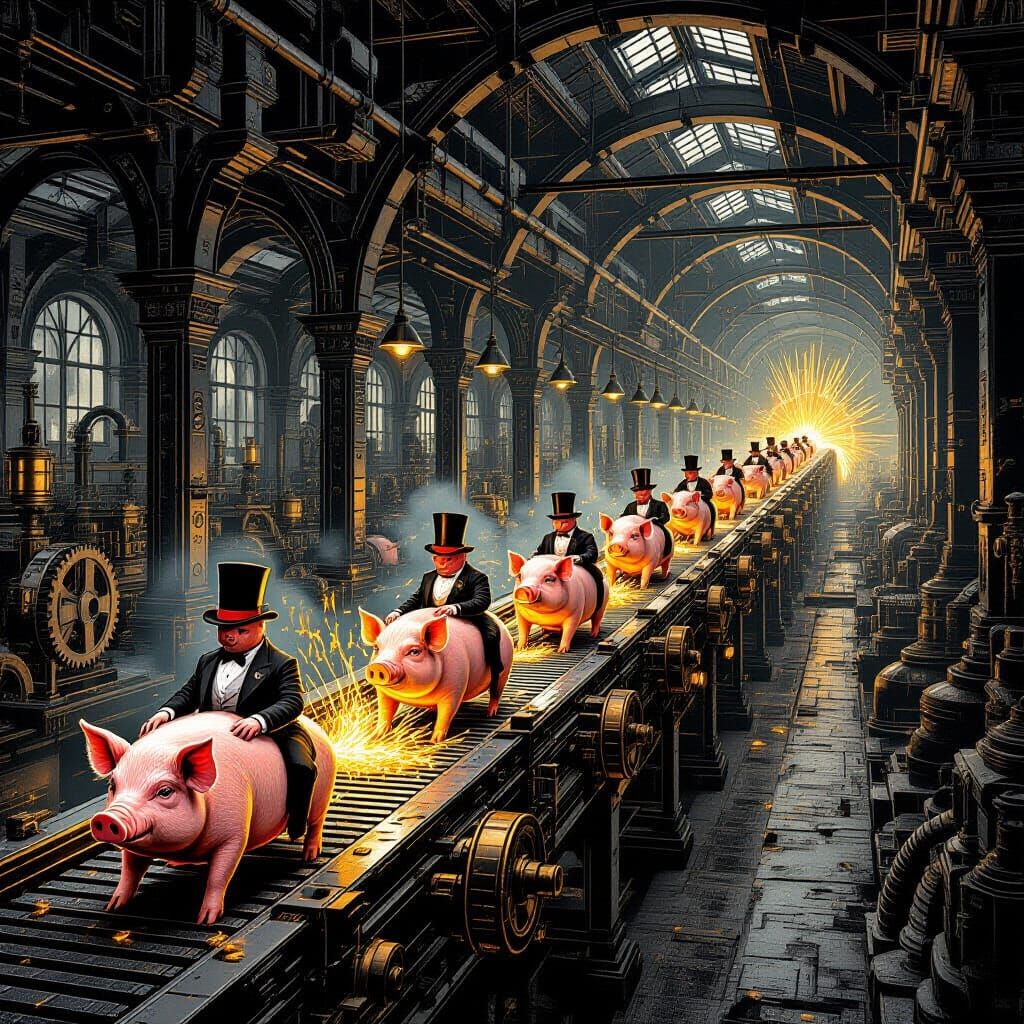 Satirical Engraving: Pigs on Dystopian Assembly Line