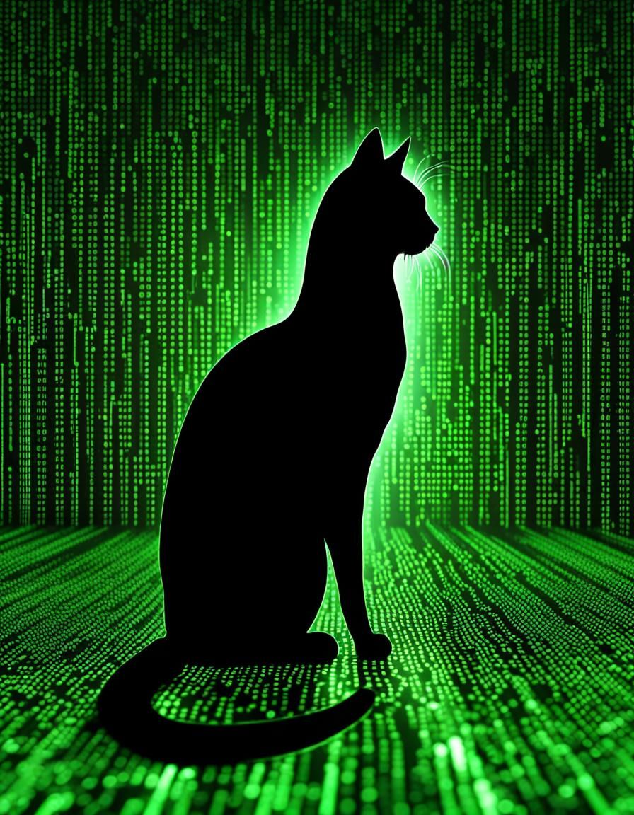 Matrix Cat: Green Binary Code Silhouette