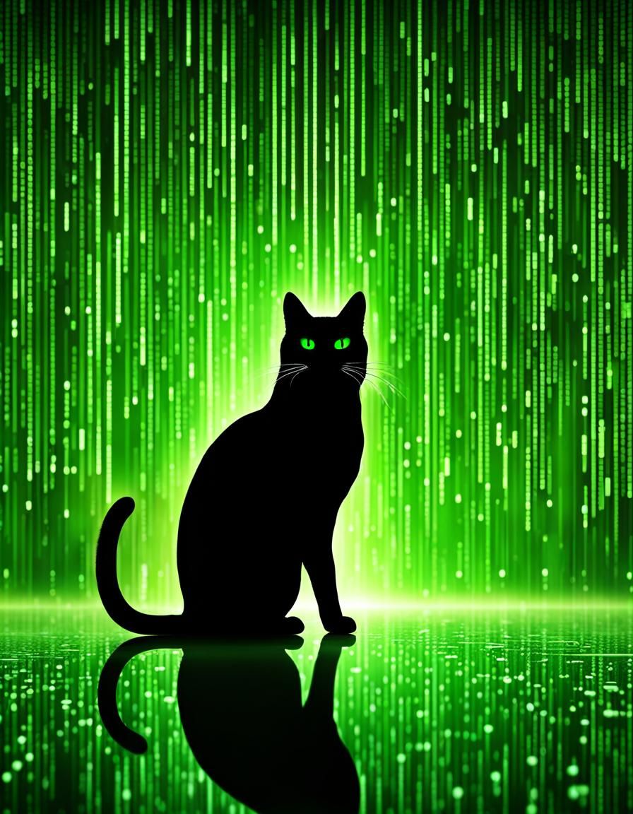 A Cyberpunk Cat Silhouette Emerges from Binary Code