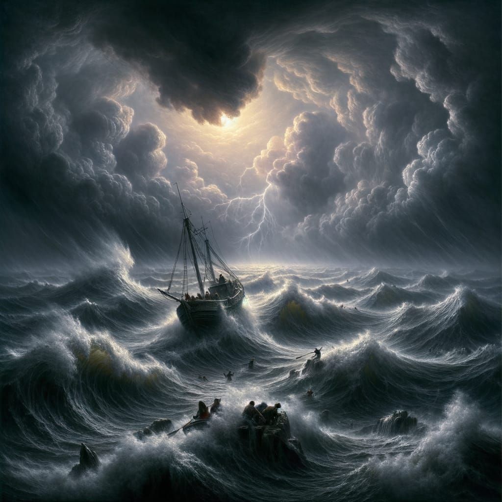 Ominous Seascape with Lone Figure in Turbulent Waters