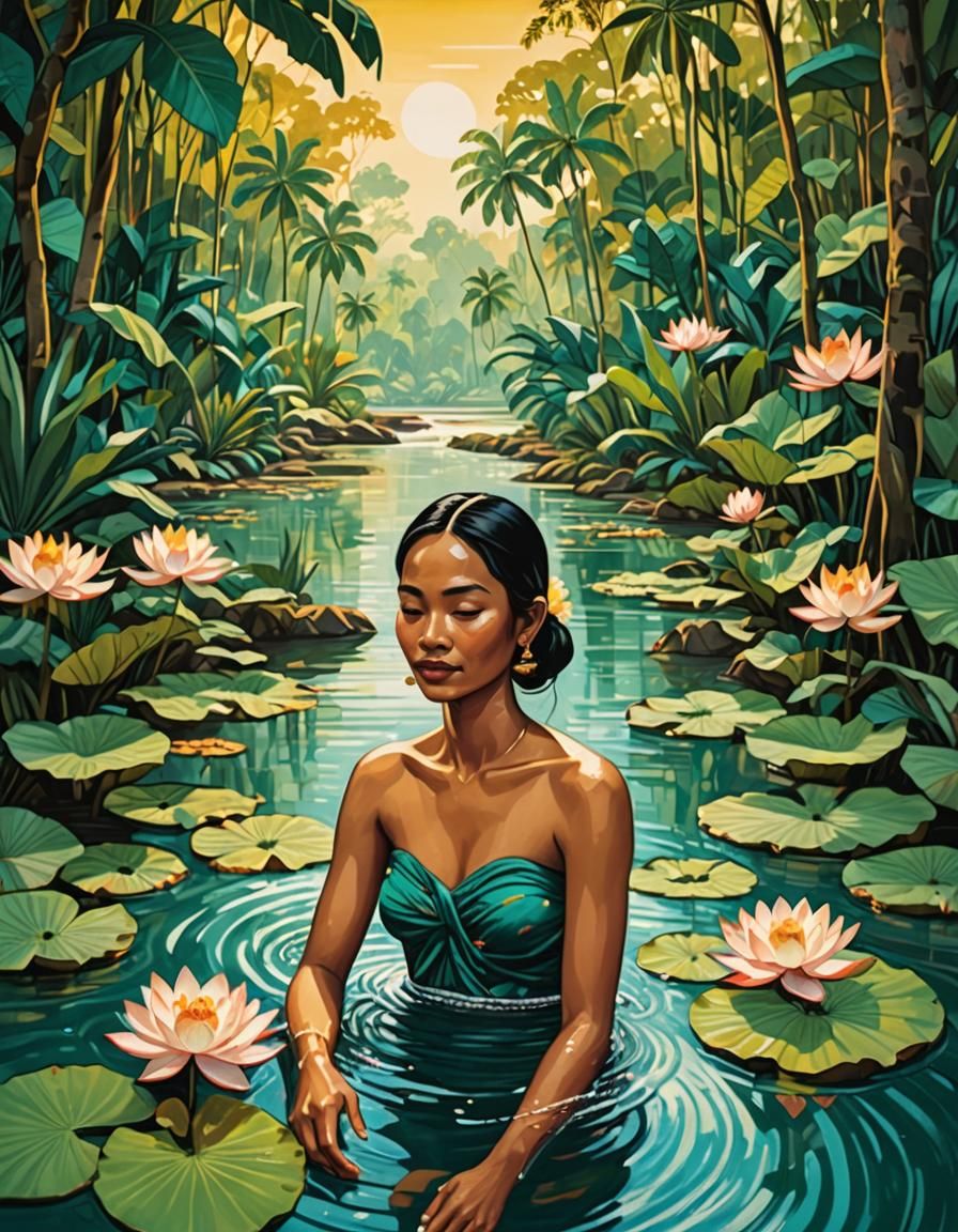 Cambodian Woman Bathing in Caribbean-Inspired Folk Art