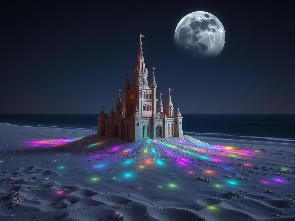 Lunar Sandcastle Lit by Earthrise