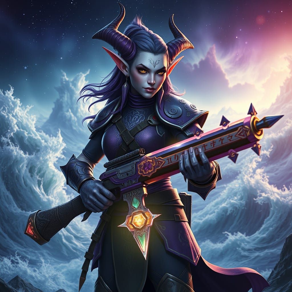 Tiefling Warrior with Magical Rifle in High Fantasy Style