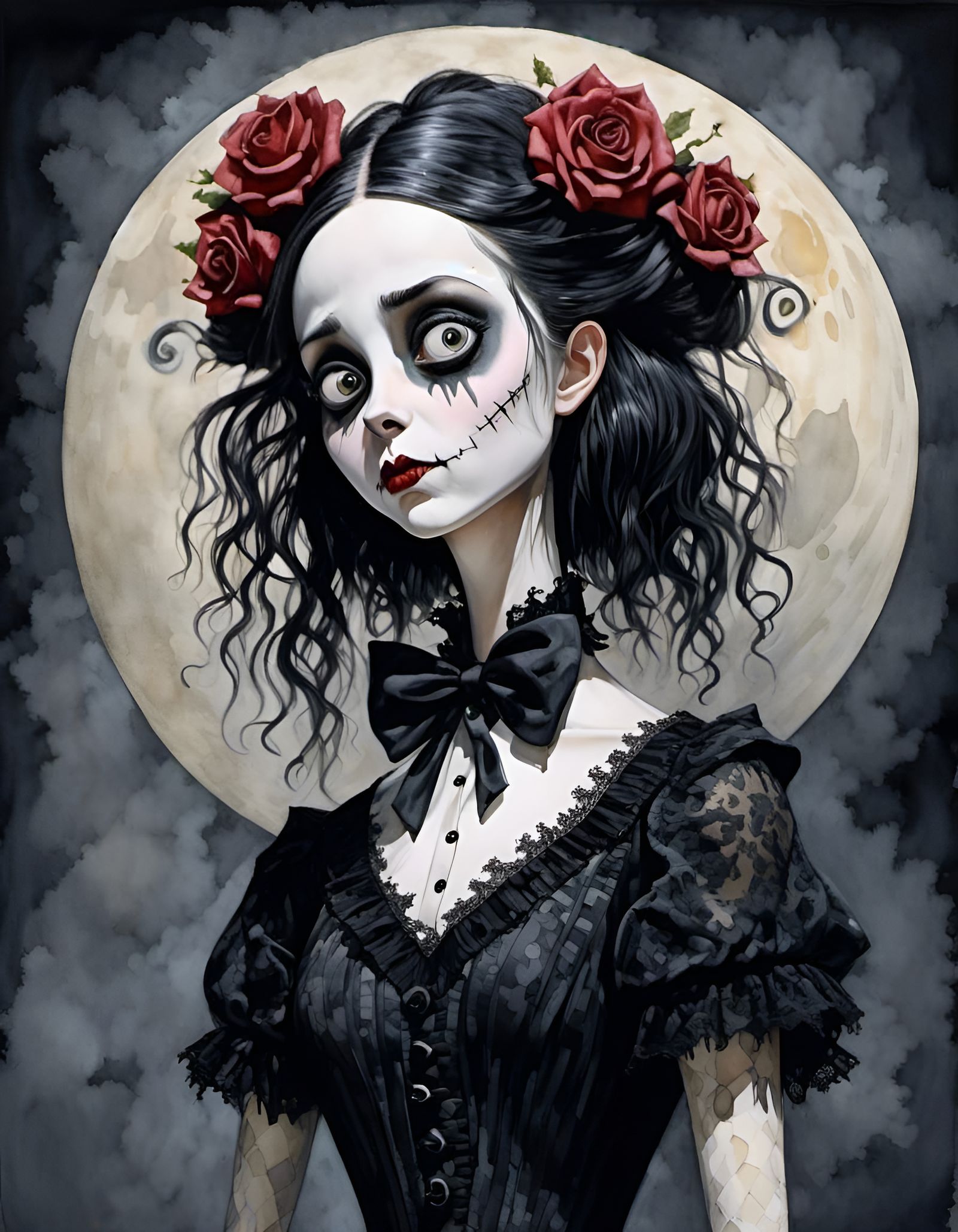 Wednesday Addams in Watercolor with a Full Moon