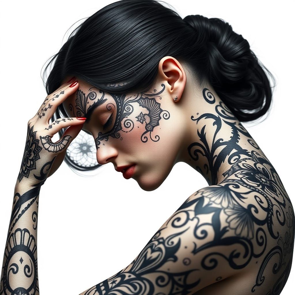 Hyperrealistic Woman with Intricate Black and White Body Art