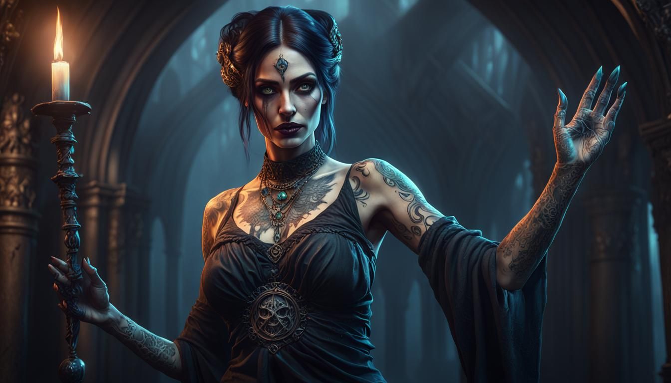 Mysterious Brunette Necromancer in Dark Fantasy Art