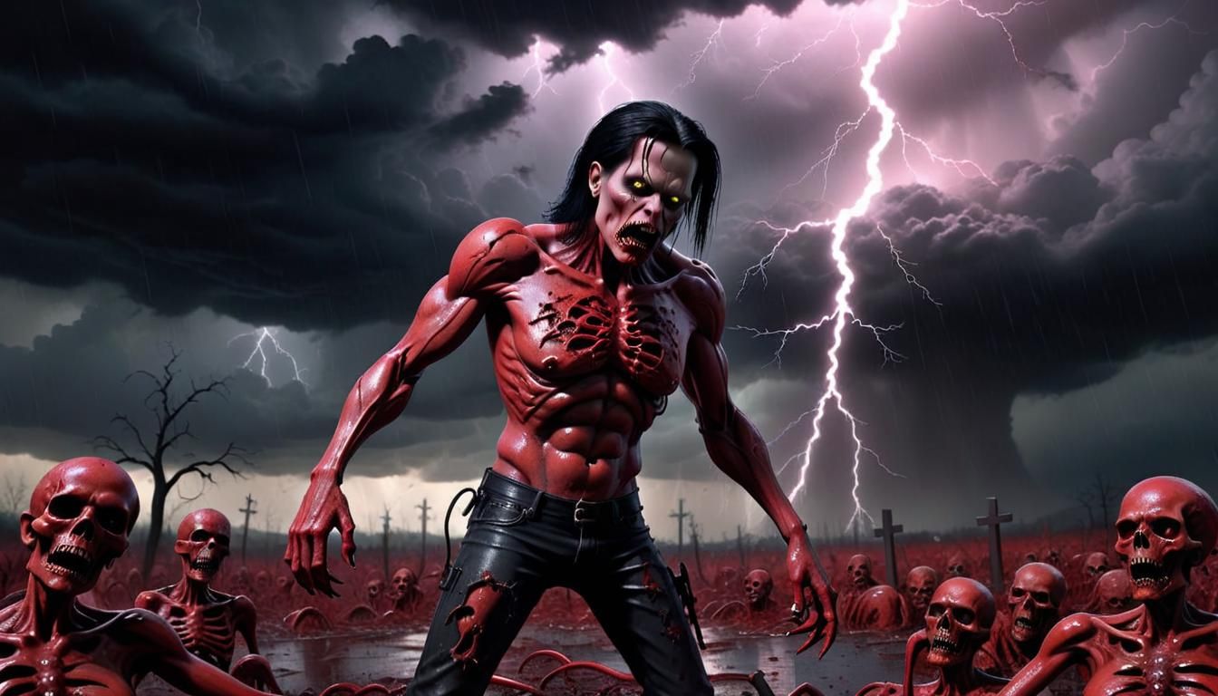 "Tired of being alive, in hell with a purpose." Crimson parallax, 3ds Max, mixed media gothic art; thunderstorm zombieco...