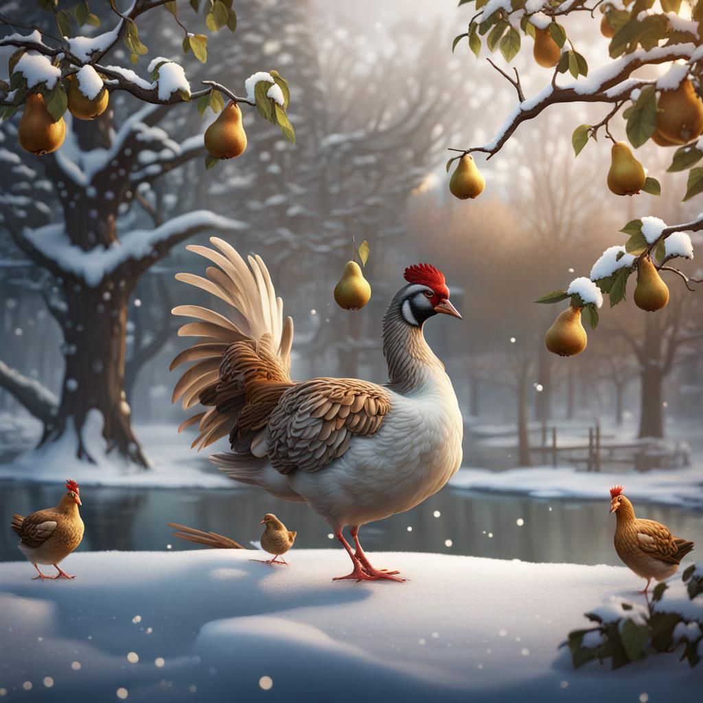 Partridge in Pear Tree Winter Scene, Detailed Matte Painting