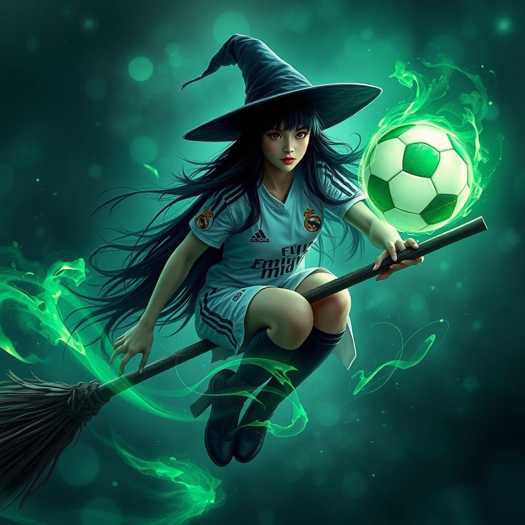 Ethereal Witch Soars on Broomstick Amidst Emerald Aura