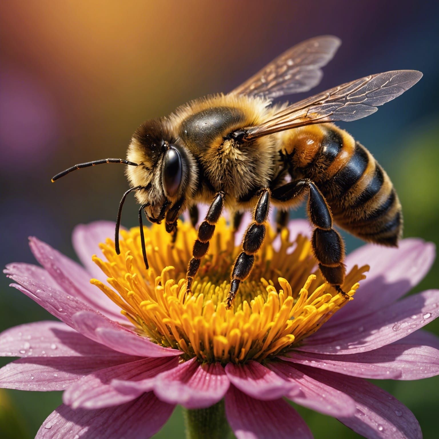 Hyperrealistic Bee on Flower in Splash Art Style