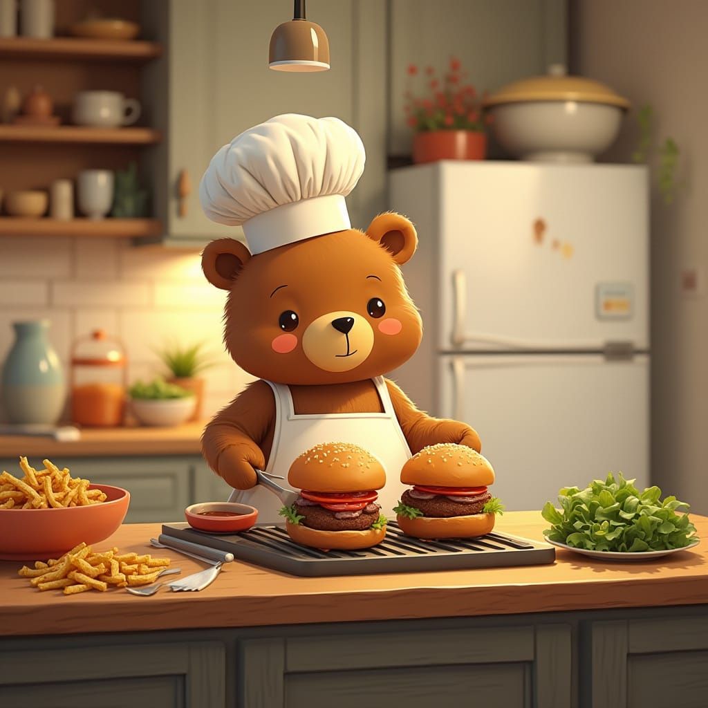 Gentle Bear Chef Prepares Family Meal in Warm Kitchen