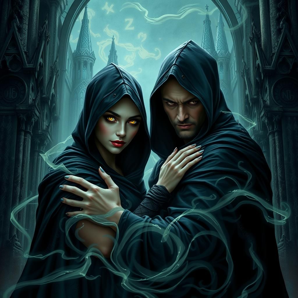 Mysterious Couple Embracing Amidst Swirling Magic