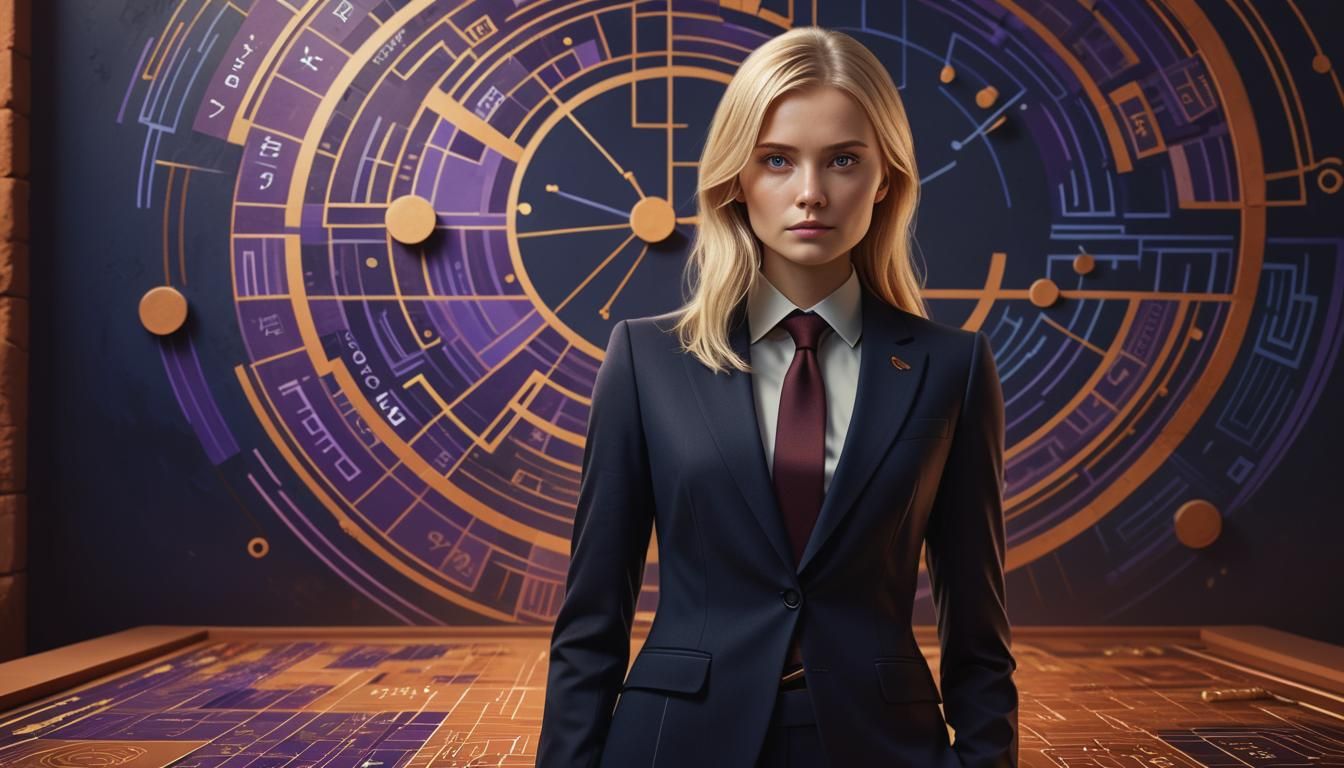 Confident Blonde Professional in Sci-Fi Financial Portrait