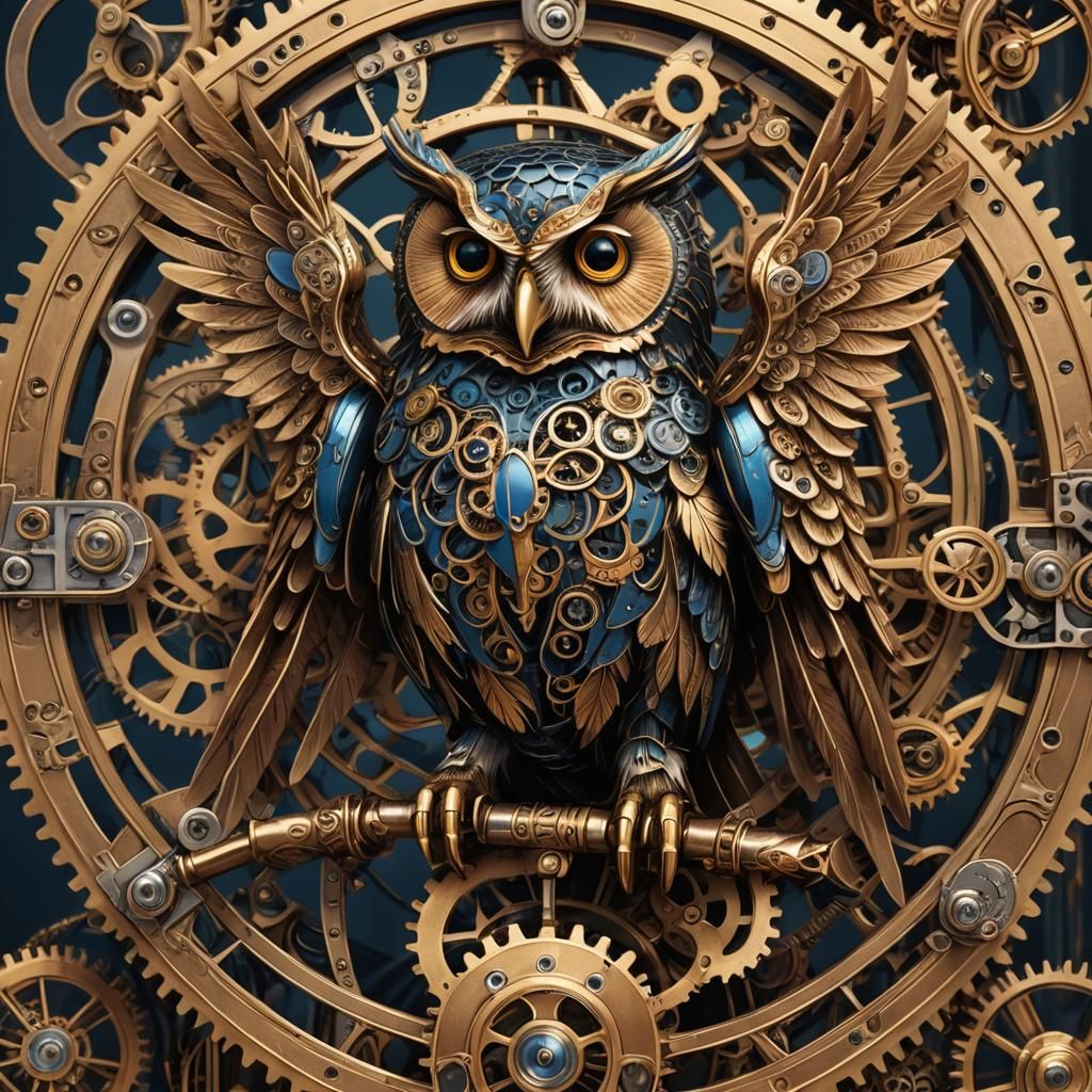 Steampunk Owl with Mechanical Wings in Golden Light