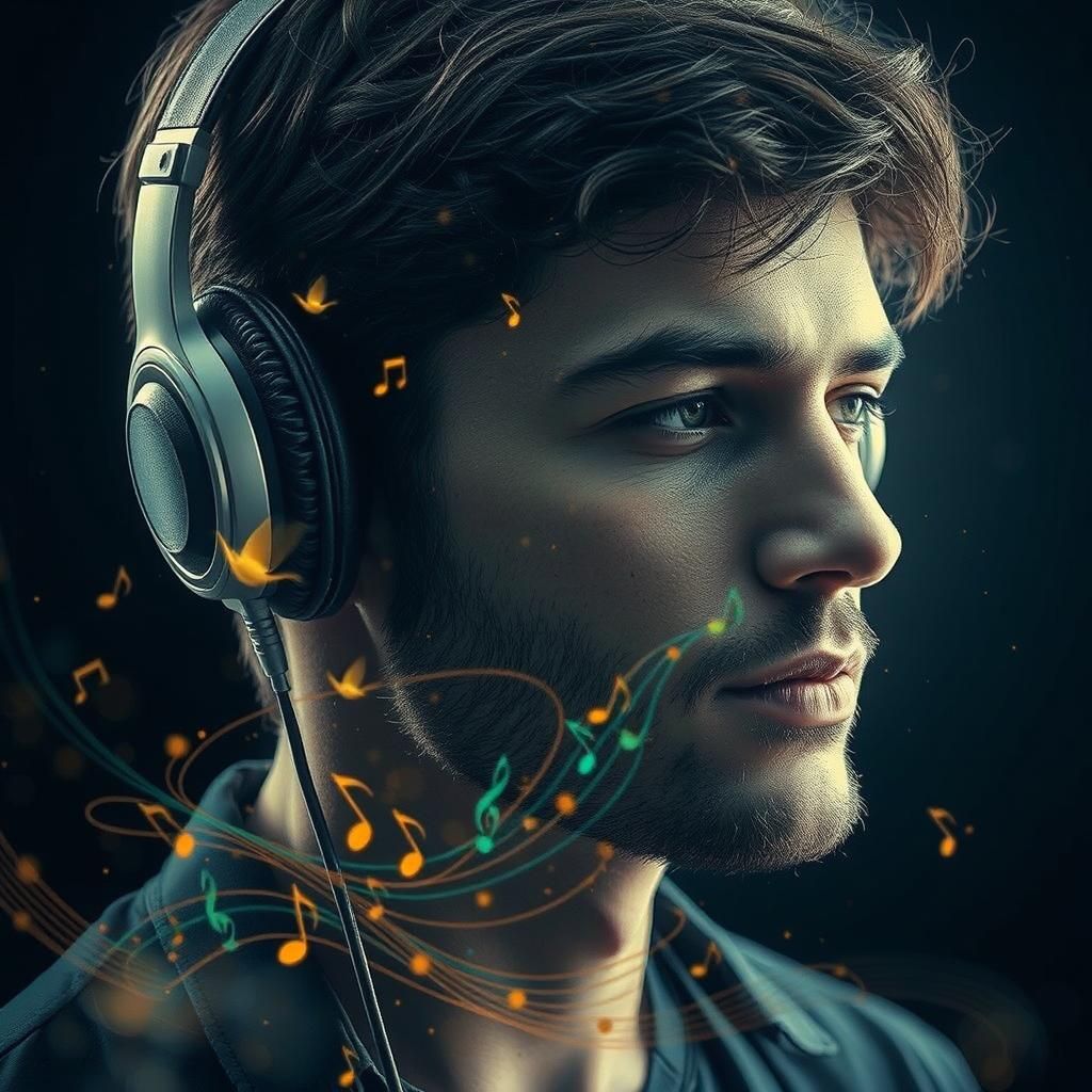 Surreal Double Exposure: Man Listening to Music