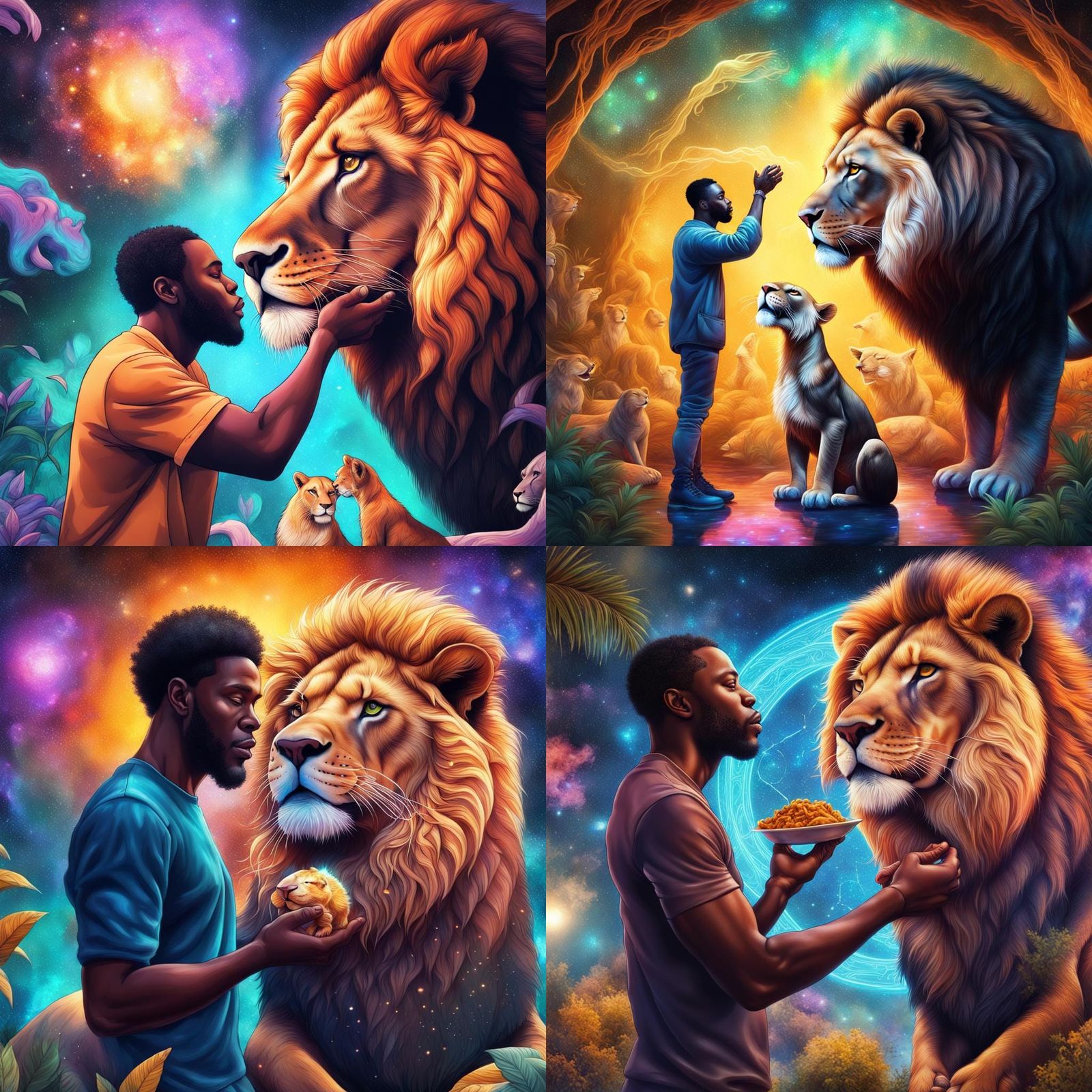 Man Feeding Lion in Zoo: Cosmic Holographic Illustration