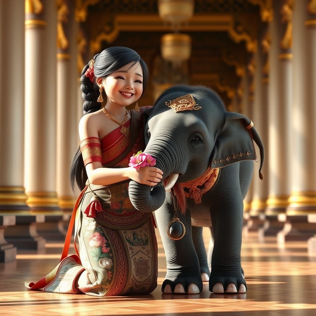 Girl and Baby Elephant in Thai Temple: 3D Anime Art