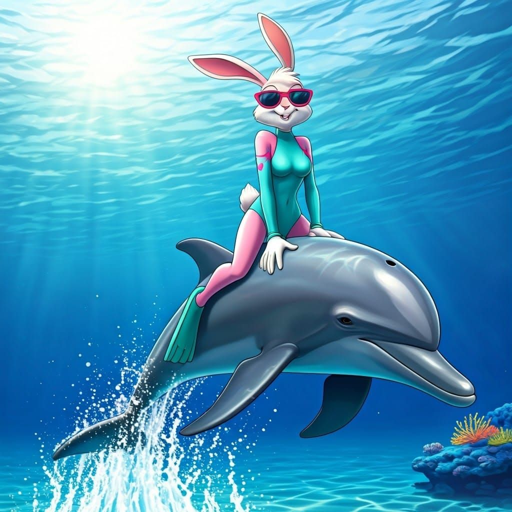Whimsical Cartoon Rabbit Rides Dolphin in Tropical Paradise