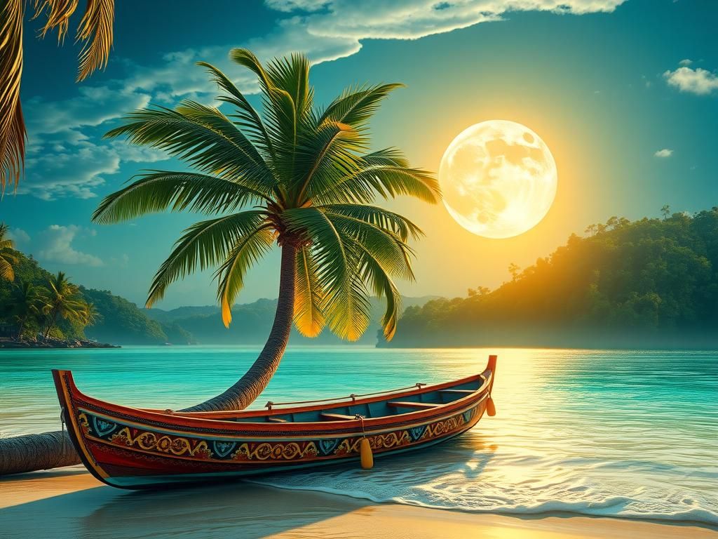 Tropical Beach with Palm Tree in Van Gogh Style