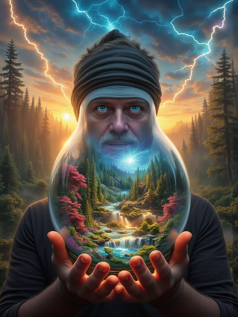 Man Holds World Inside Lightbulb, Surreal Garden Sunset