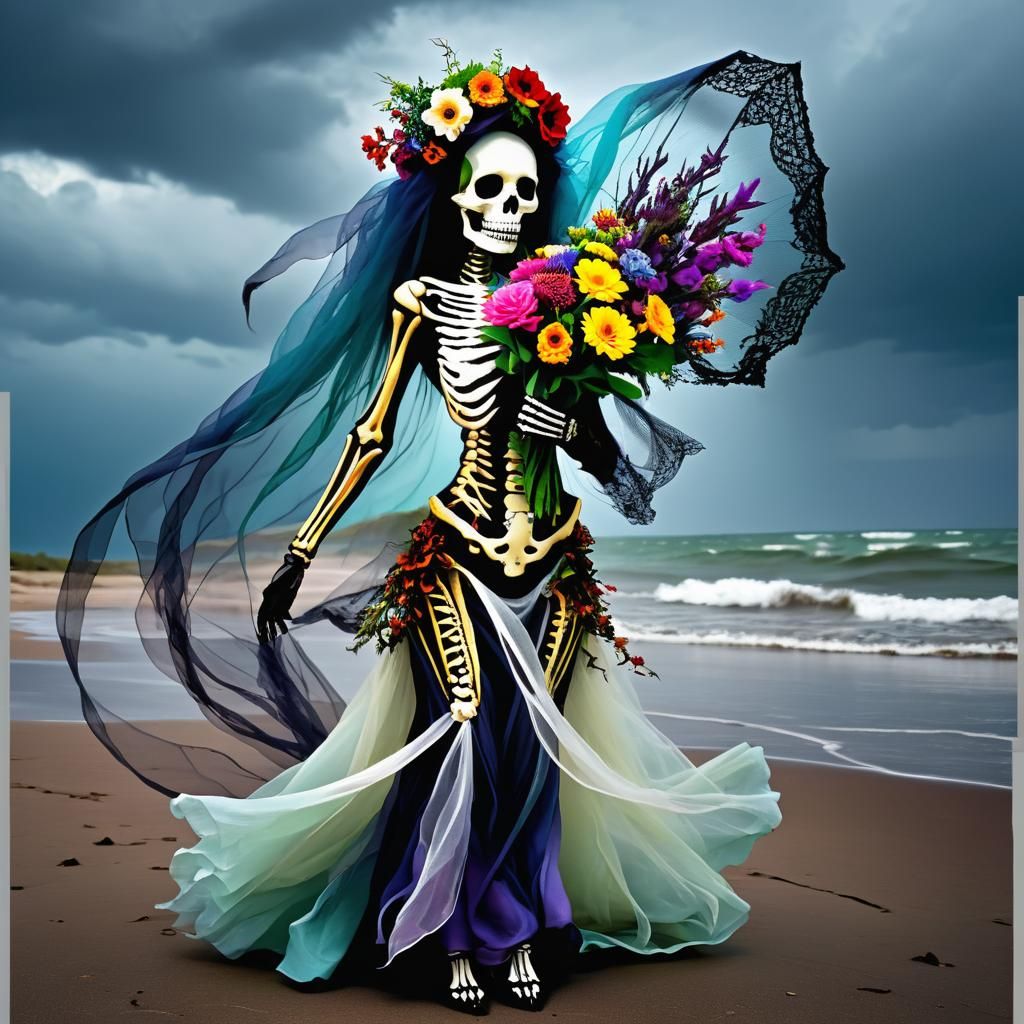 Darkpunk Mermaidcore Skeleton Dancing on a Beach