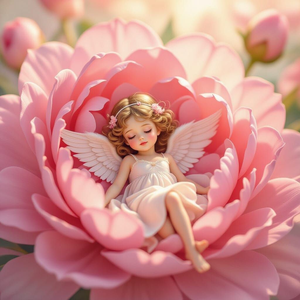 Tiny Angel Girl Amongst Giant Peony Petals