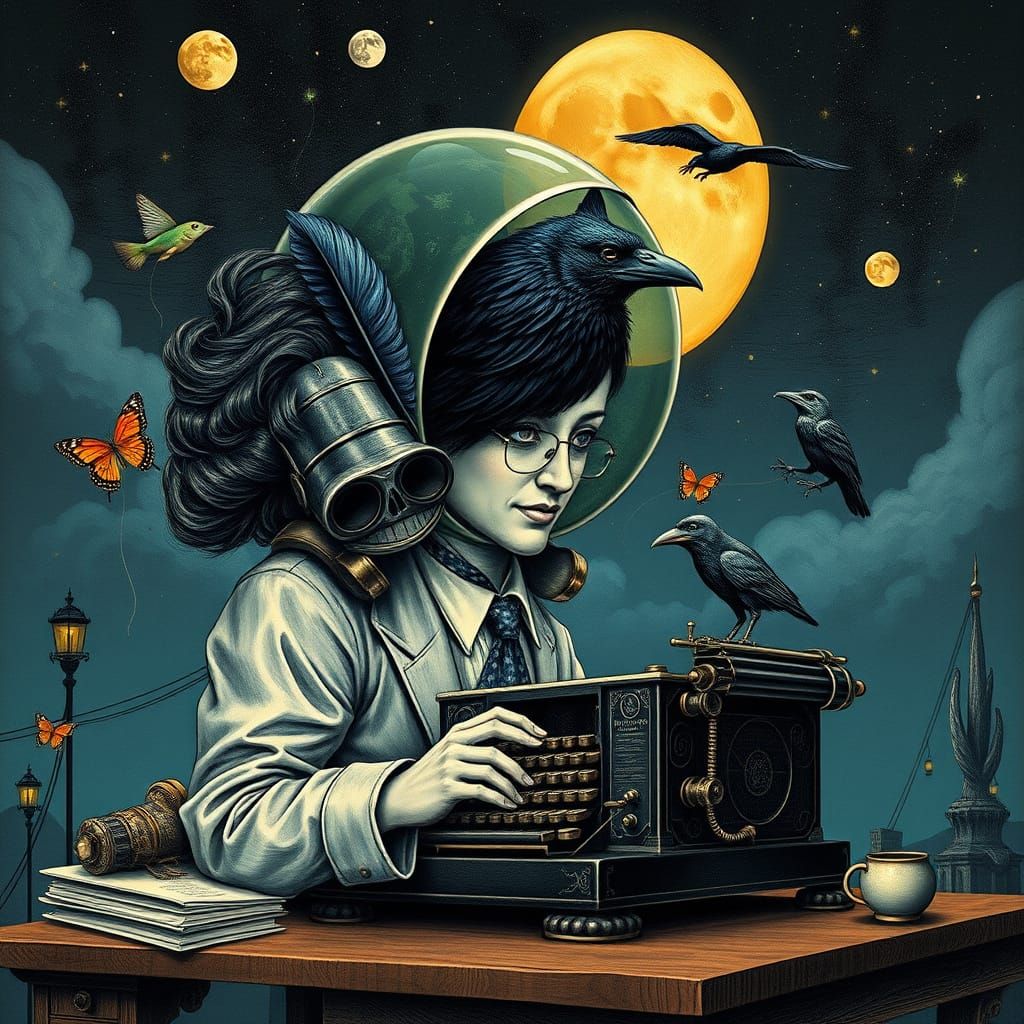 Surrealist Wood Sculpture Cosmonaut Blending Vangogh and Pop...