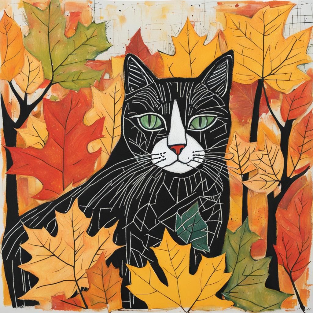 Cat in Fall Leaves, Art Brut Style