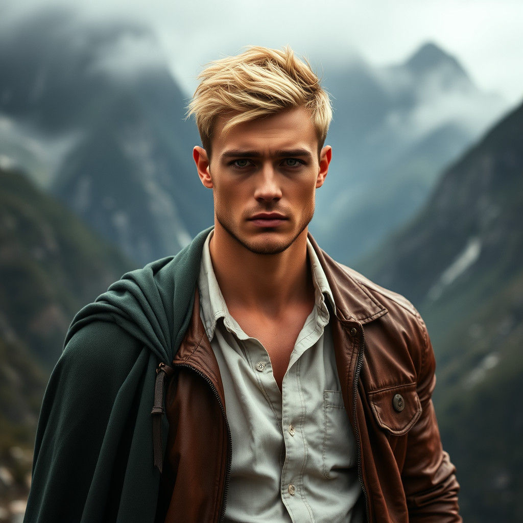 Epic Mountain Scene with Blonde Man in Cloak